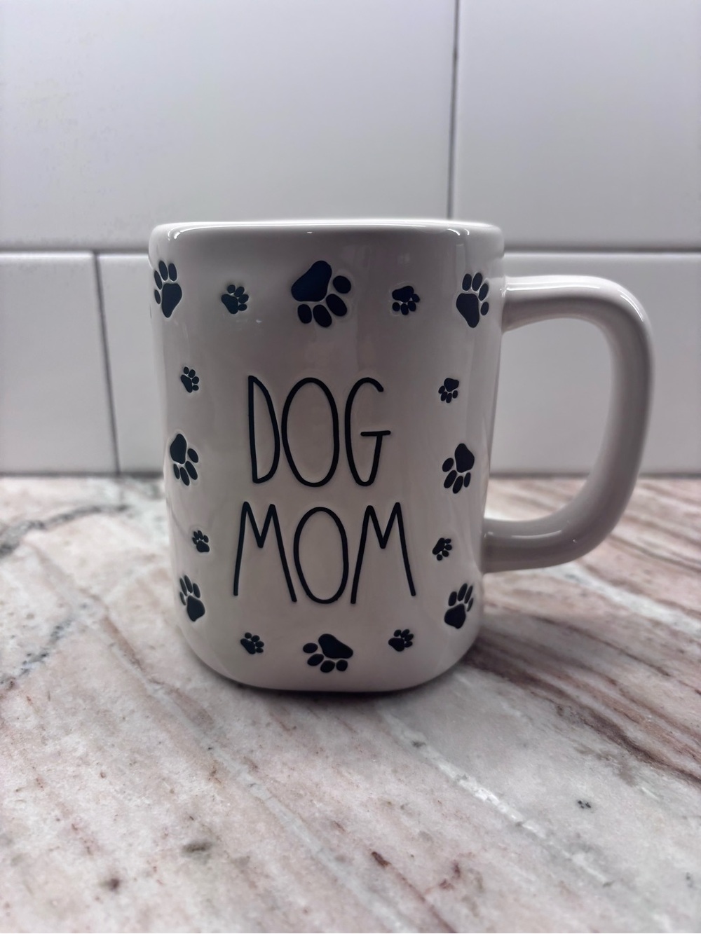 Rae Dunn White Ceramic "DOG MOM" Mug with Black Paw Prints